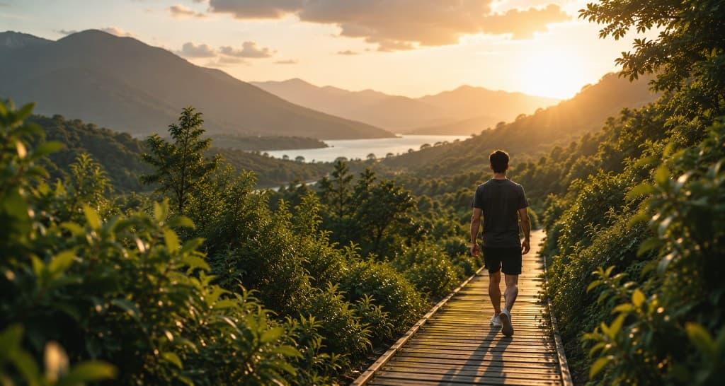 Person walking along a boardwalk through green hills at sunset, on the path to recovery